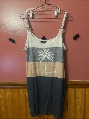 chicme Palm Print Stripe Tank Dress in White & Navy